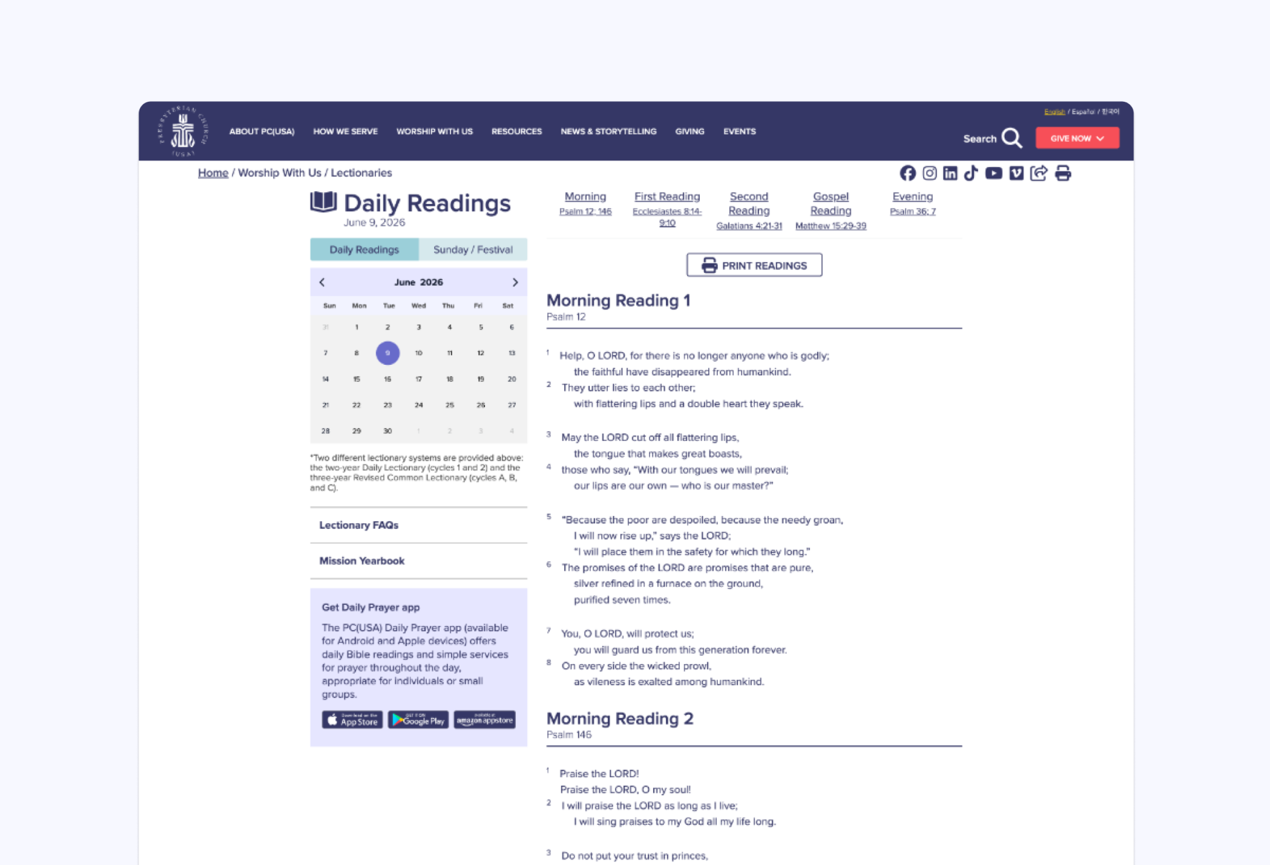 Daily lectionary page